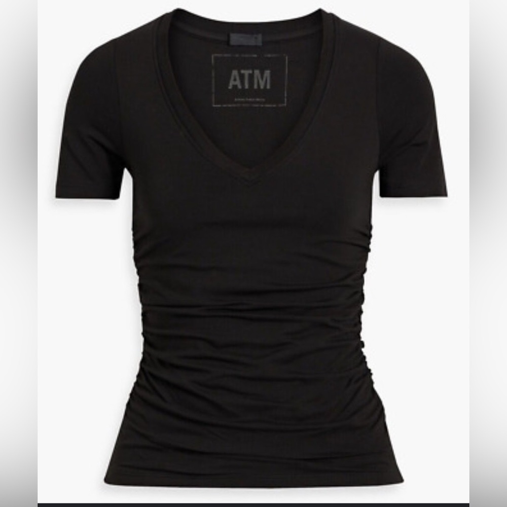 ATM Anthony Thomas Melillo Black V‑Neck Short Sleeve Ruched Tee